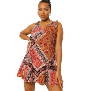Boohoo Orange Floral Tie Strap Drop Hem Swing Dress